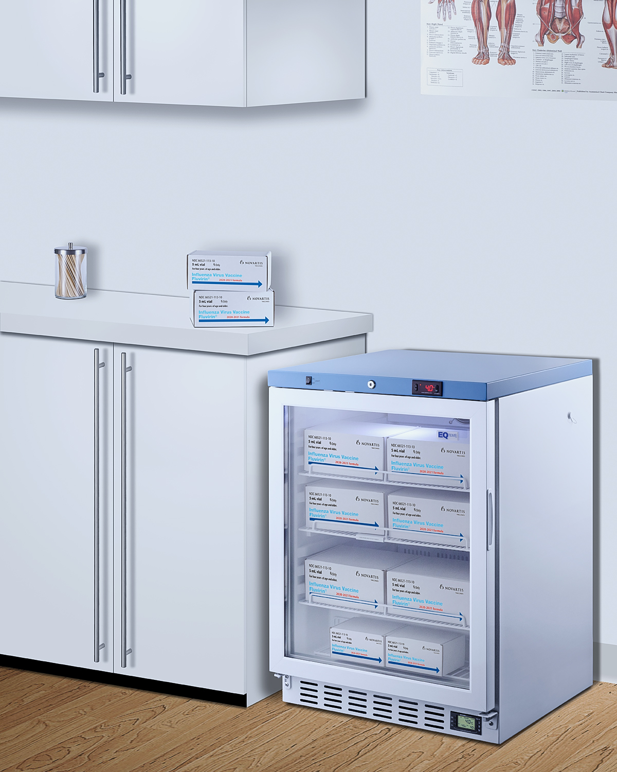 Built-In healthcare all-refrigerator with self-closing door, front lock, digital controls, and external temperature readout